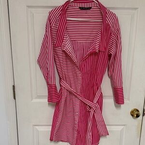 Zara Red and White Striped Long Sleeve Dress